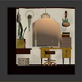 Cartoon Scene of Miniature Room with Brick Wall Hanging Lamp Plants Desk Stool and Bookshelf